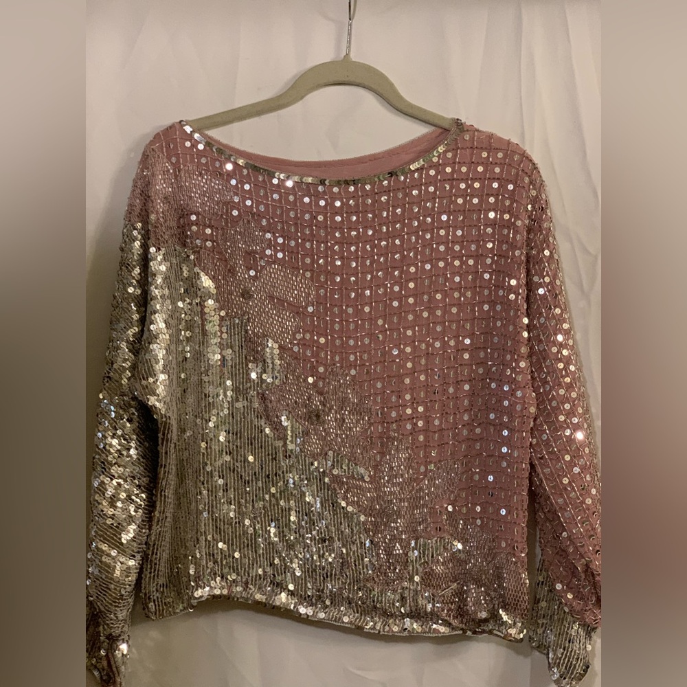 JUDITH ANN VINTAGE SILVER And LIGHT PINK SEQUINS & BEADS LONG SLEEVES BLOUSE
